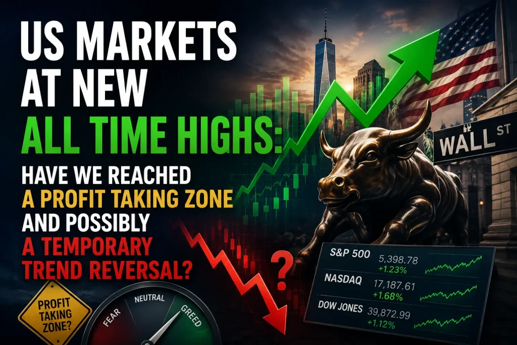US stock markets at new all-time highs with Wall Street bull, rising charts, and possible profit taking zone.