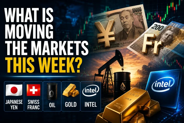Financial markets overview thumbnail featuring Japanese yen, Swiss franc, oil, gold, and Intel with global market visuals and commodities
