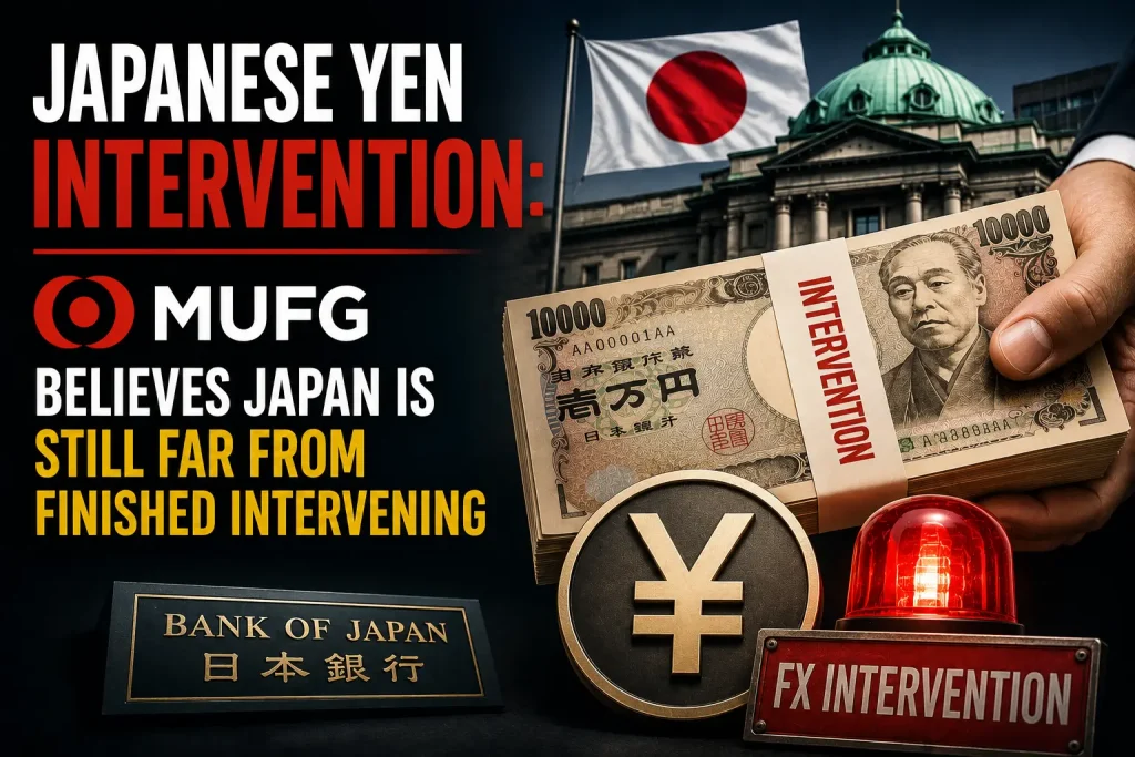 Japanese yen intervention financial news thumbnail featuring Bank of Japan imagery, yen currency, MUFG analysis, and foreign exchange intervention warning visuals.