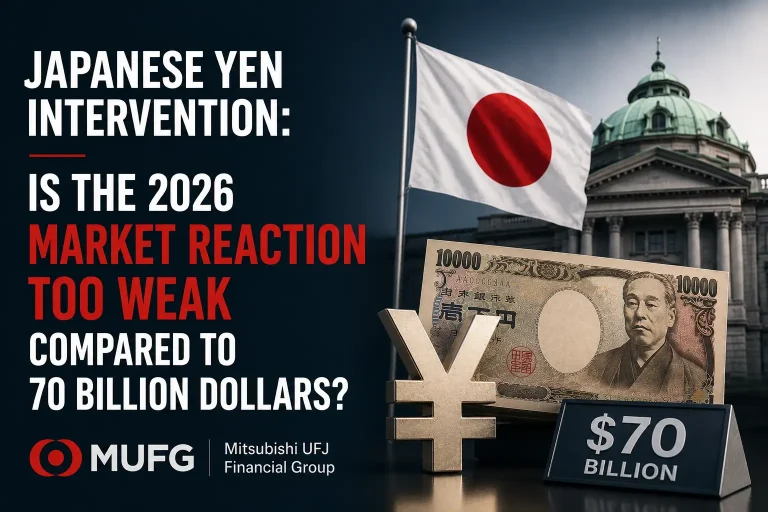 Financial news thumbnail showing Japanese yen intervention, Bank of Japan building, yen currency, and MUFG analysis related to the 2026 market reaction.