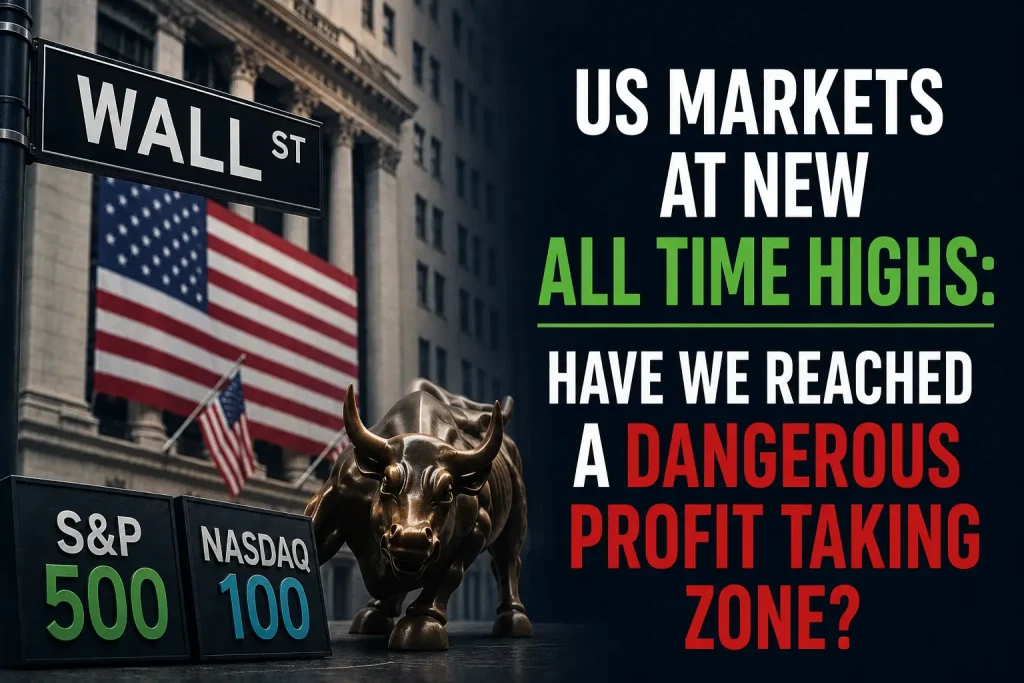 Financial news thumbnail showing Wall Street, US stock markets, S&P 500, Nasdaq, and concerns about a dangerous profit taking zone after new all-time highs.