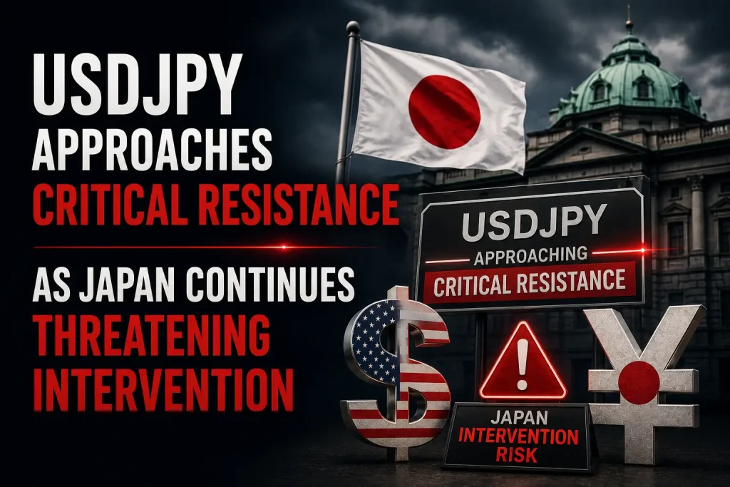 Financial news thumbnail showing USDJPY near critical resistance with Japanese intervention risk, Japan flag, and currency market warning visuals.