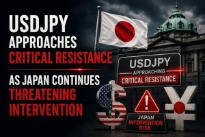 Financial news thumbnail showing USDJPY near critical resistance with Japanese intervention risk, Japan flag, and currency market warning visuals.