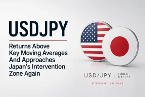 Minimalist financial news thumbnail showing USDJPY, US and Japan symbols, and discussion about Japan’s intervention zone in the forex market.