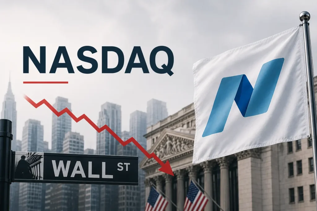 NASDAQ logo near Wall Street with collapsing financial structure symbolizing a sharp stock market crash and investor panic.