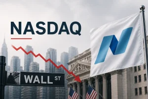 NASDAQ logo near Wall Street with collapsing financial structure symbolizing a sharp stock market crash and investor panic.