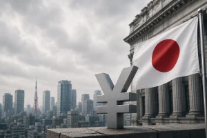 Japanese yen symbol with the Japanese flag and Tokyo skyline in the background, representing a critical turning point for the Japanese currency.