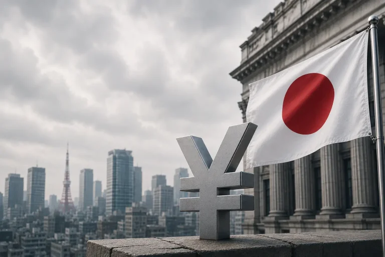 Japanese yen symbol with the Japanese flag and Tokyo skyline in the background, representing a critical turning point for the Japanese currency.
