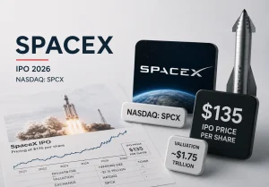 SpaceX rocket launch with financial market elements, symbolizing the company's anticipated IPO and potential profit-taking by investors.
