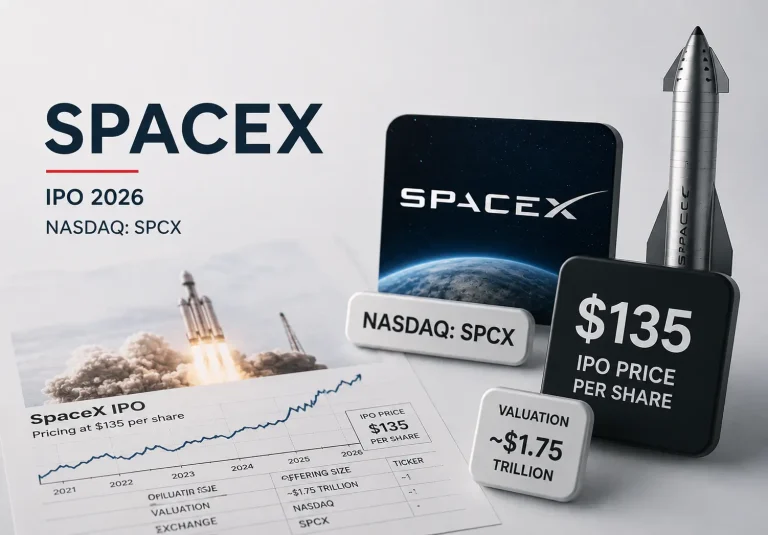 SpaceX rocket launch with financial market elements, symbolizing the company's anticipated IPO and potential profit-taking by investors.