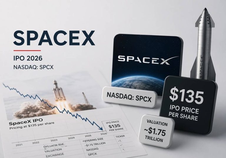 SpaceX stock price declining below key levels with a red downward trend on a financial chart